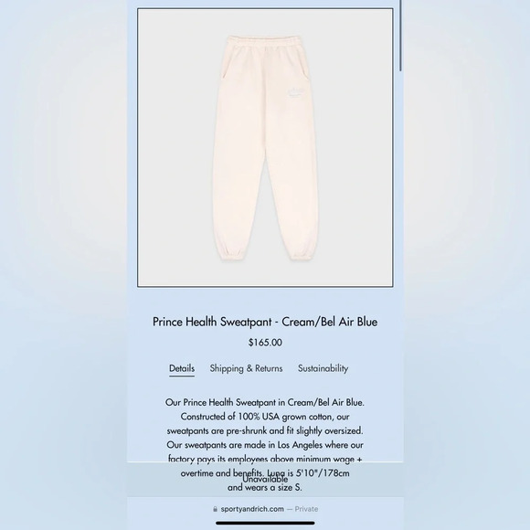 NWOT Sporty & Rich x Prince Health Sweatpant - Cream/Bel Air Blue XL - Picture 3 of 11